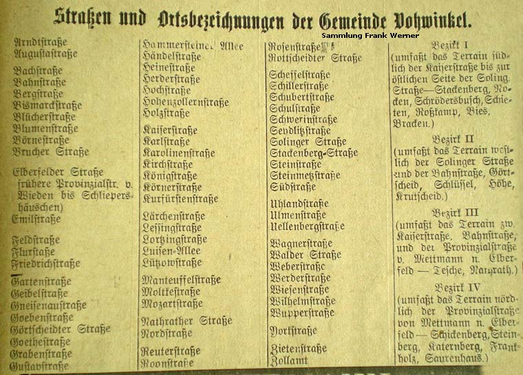 Straßen und Ortsbezeichnungen der Gemeinde Vohwinkel 1912 (Sammlung Frank Werner)