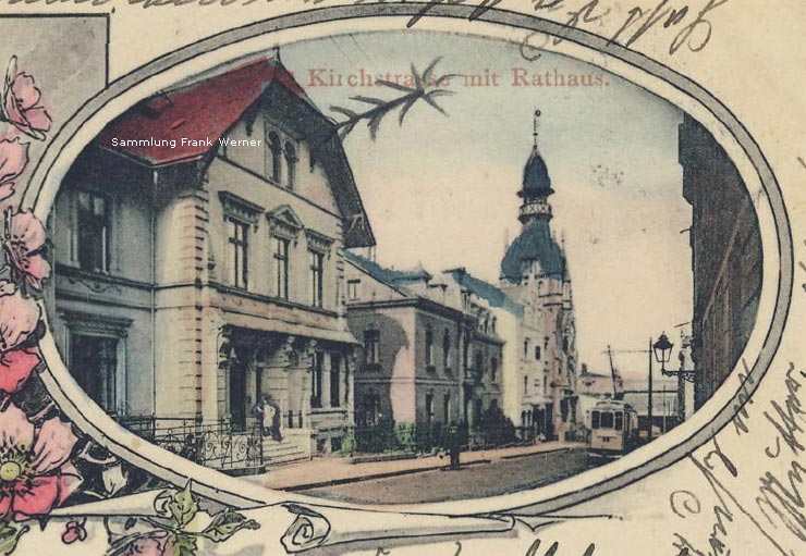 Die Kirchstraße mit Rathaus Vohwinkel auf einer Postkarte von 1905 (Sammlung Frank Werner)