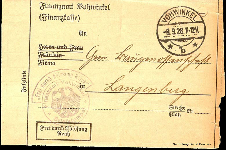 Faltbrief Finanzamt Vohwinkel vom 8.9.1928 (Sammlung Bernd Braches)