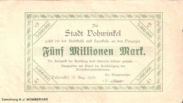 Notgeld Vohwinkel Fünf Millionen Mark (Sammlung H.-J. MOMBERGER)