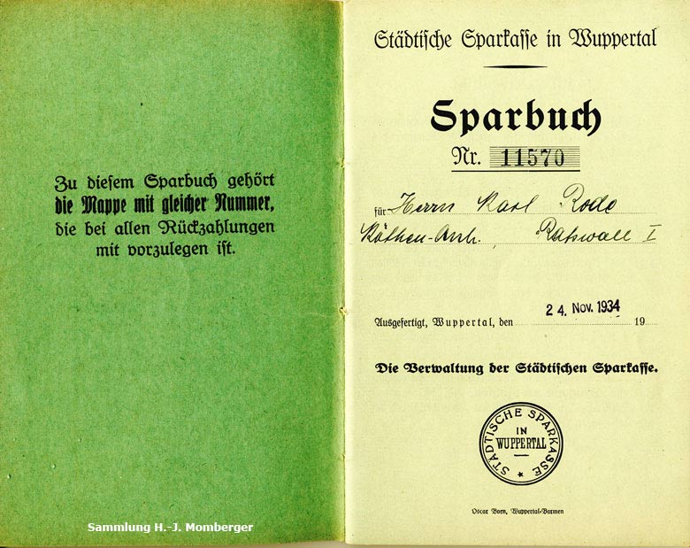 Sparbuch Nr. 11570 der Städtischen Sparkasse in Wuppertal Geschäftsstelle Vohwinkel 1934 (Sammlung H.-J. Momberger)