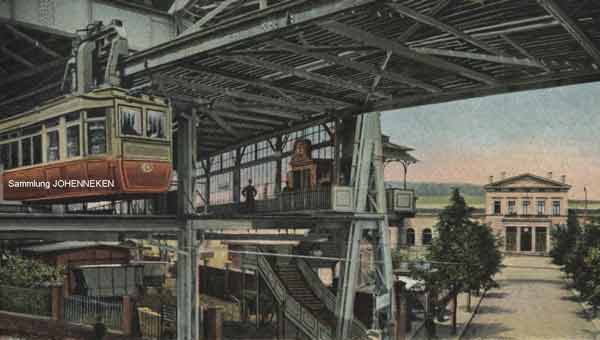 Schwebebahn-Endhaltestelle Vohwinkel um 1913 mit Blick auf den alten Bahnhof Vohwinkel am heutigen Stationsgarten