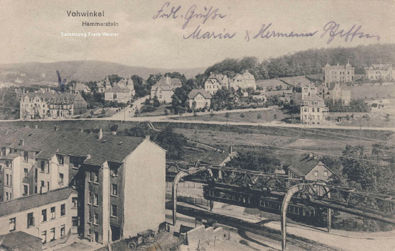 Die Schwebebahn vor dem Hammersteiner Villenviertel auf einer Postkarte um 1914 (Sammlung Frank Werner)