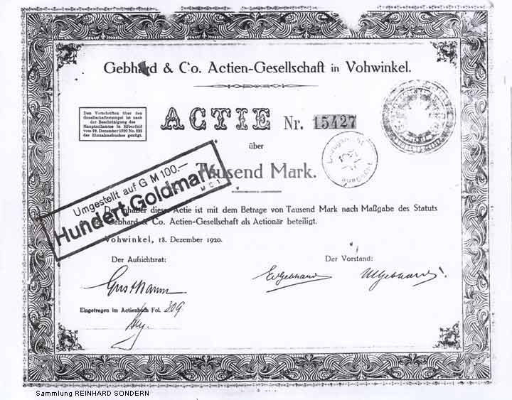 Actie Gebhard & Co. Actien-Gesellschaft in Vohwinkel vom 18. Dezember 1920 (Fotokopie Sammlung Reinhard Sondern)