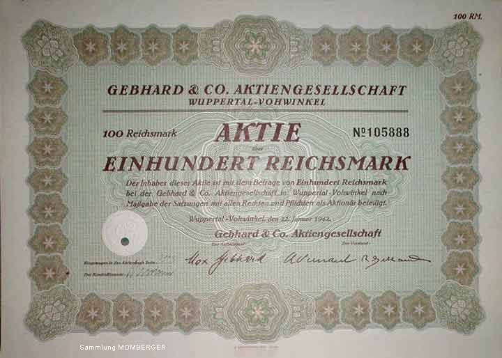 Aktie Gebhard & Co. Aktiengesellschaft Wuppertal Vohwinkel vom 22. Januar 1942 (Sammlung Hans-Jürgen Momberger)